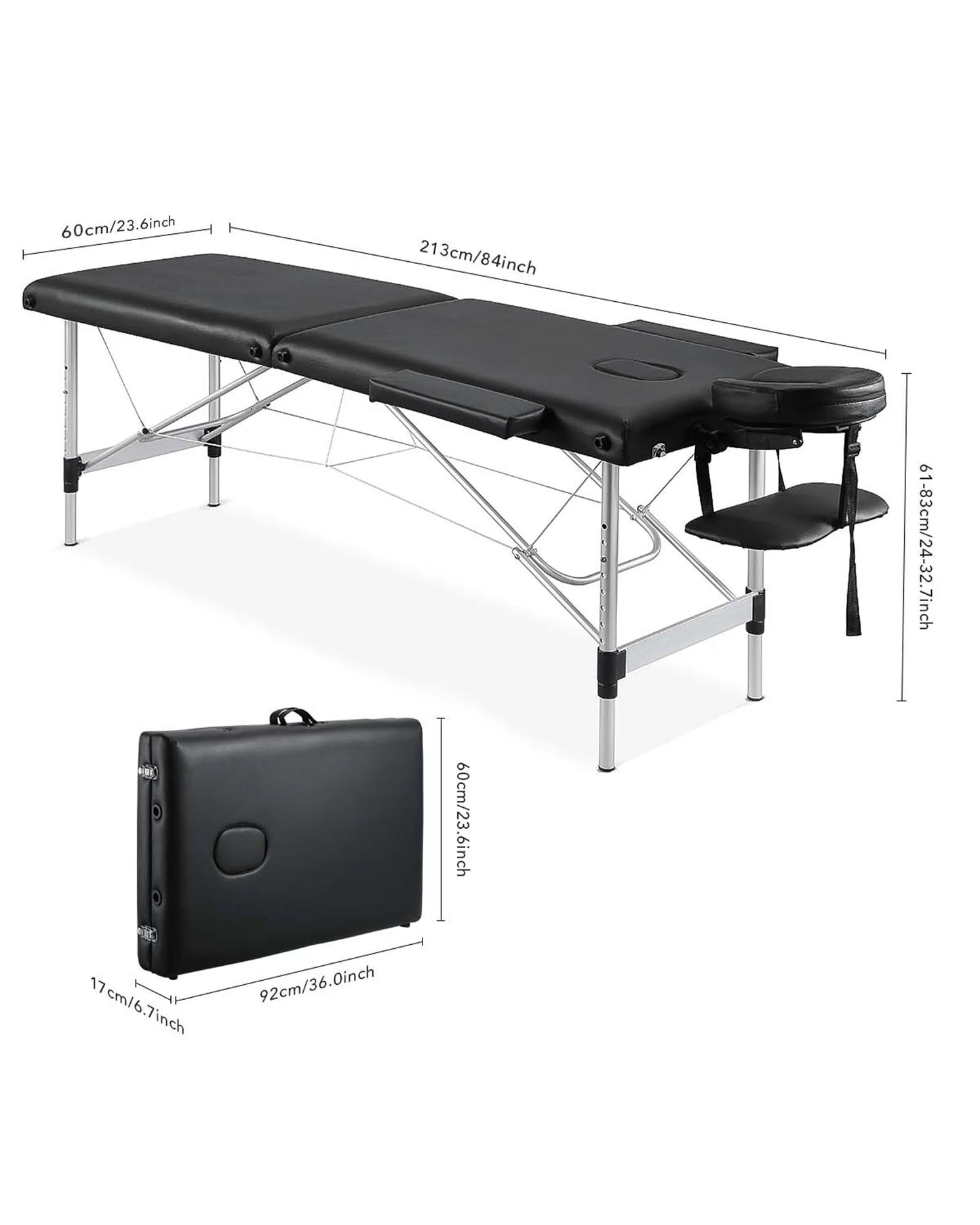 Portable Massage Table 84 Inch Massage Bed Wide SPA Lash Bed Tattoo Bed Height Adjustable 2 Fold Aluminum Weight Capacity 496LB, Black Promotion